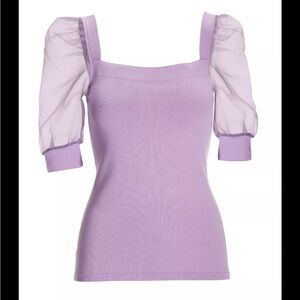La Cite Lavender Puff Sheer Short Sleeve Square Neck Blouse‎ Top Size Large